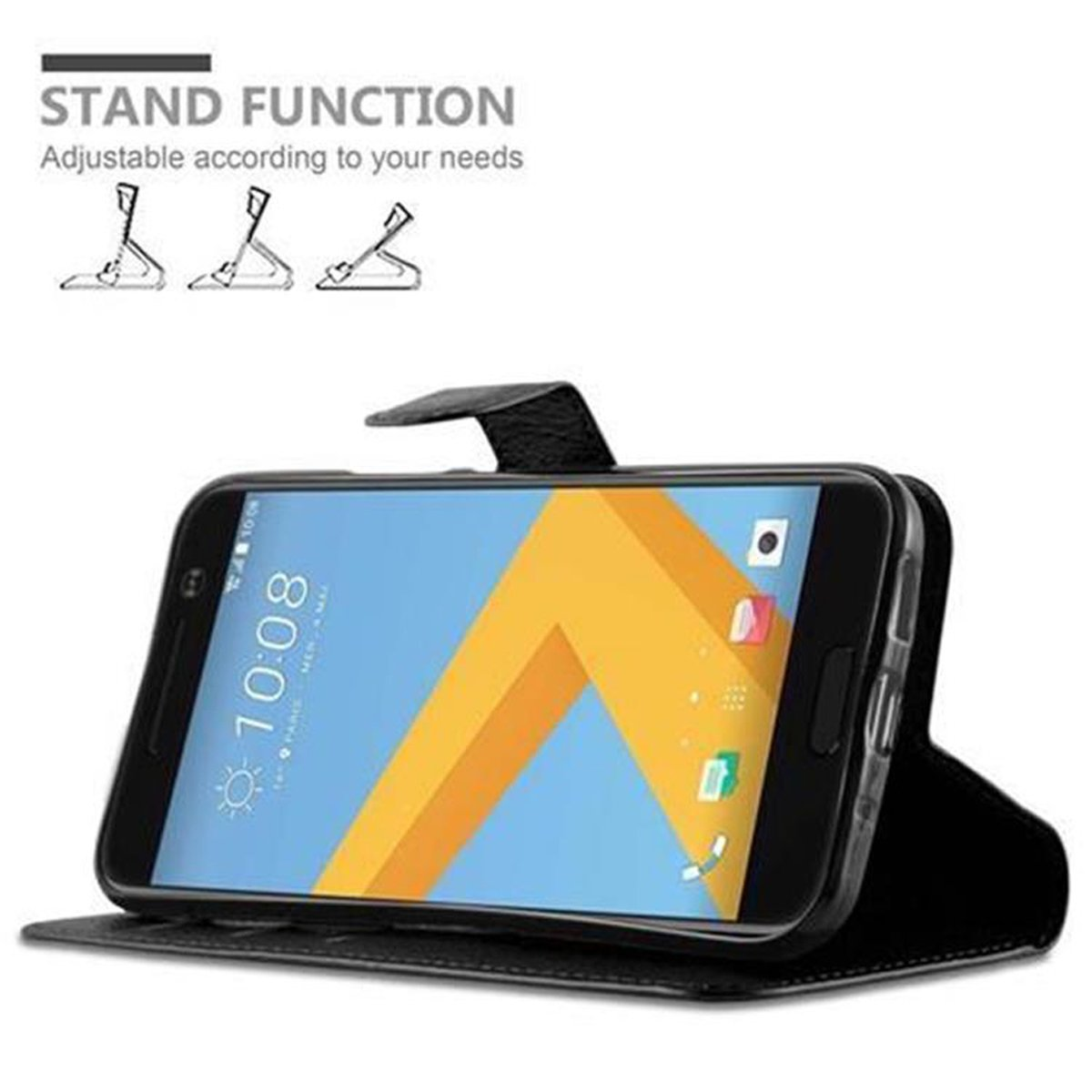 Un telefono è in una custodia nera aperta. La funzione stand è visualizzata con illustrazioni sopra il telefono.