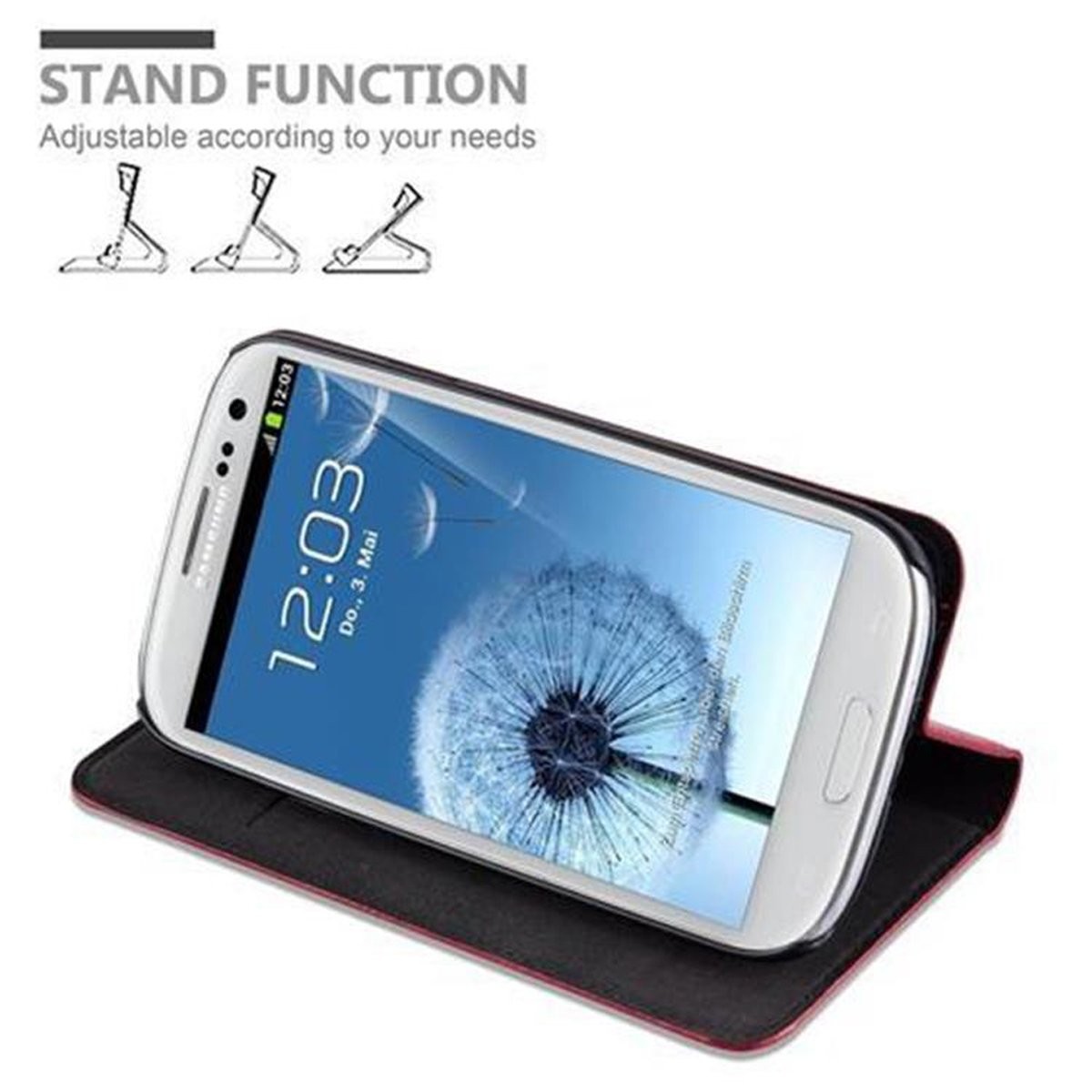 Teléfono en una funda, plegado para pararse. Texto: 'Función de soporte'.