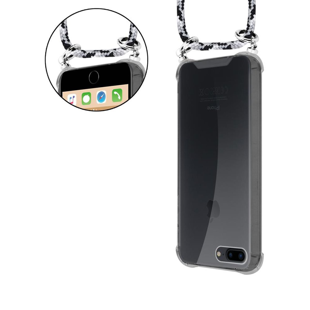 Telefono con custodia a cordino. Testo: 'iPhone'.
