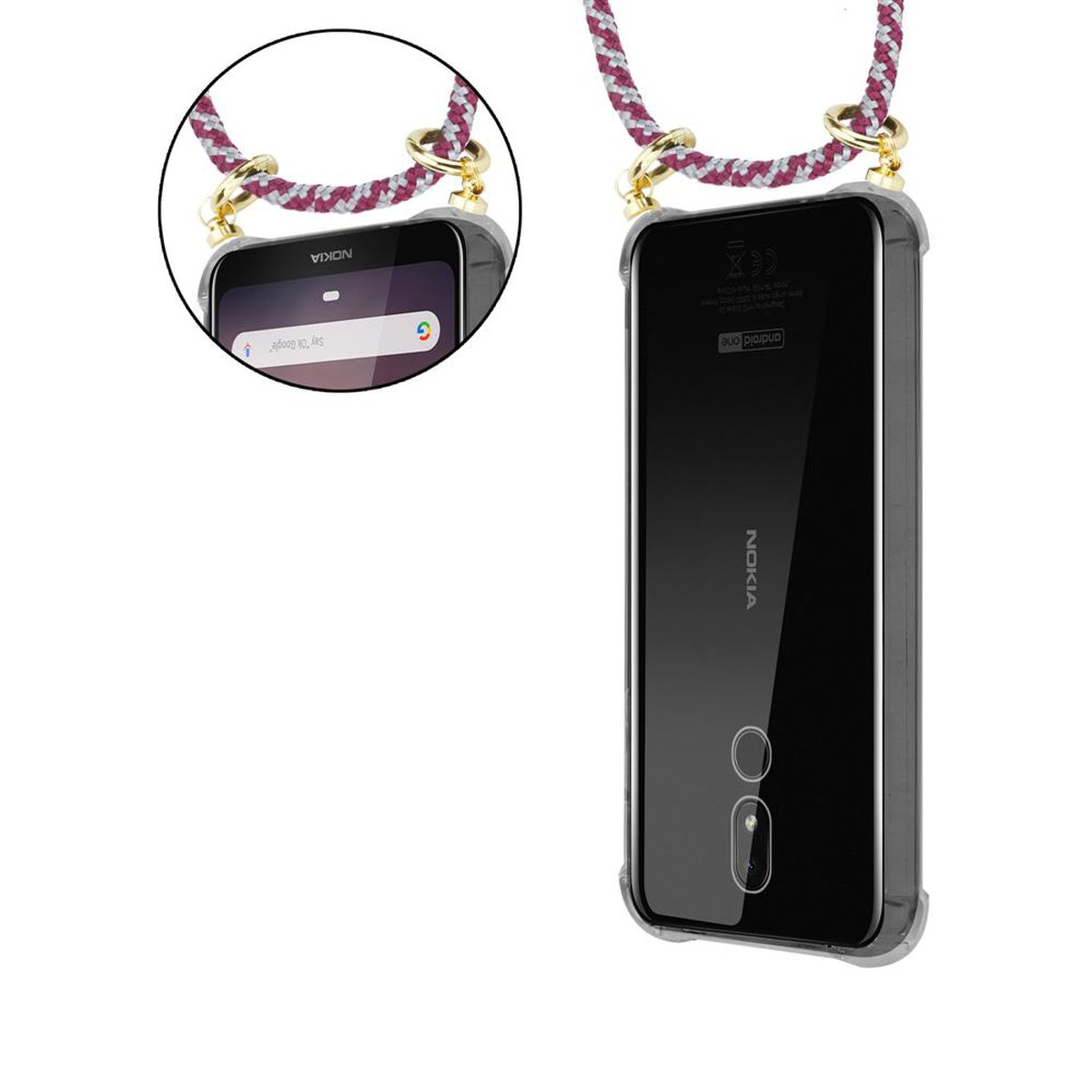 Kette Ringen, Band Handy und Nokia, Gold Kordel mit ROT Backcover, Hülle, WEIß abnehmbarer 3.2, CADORABO