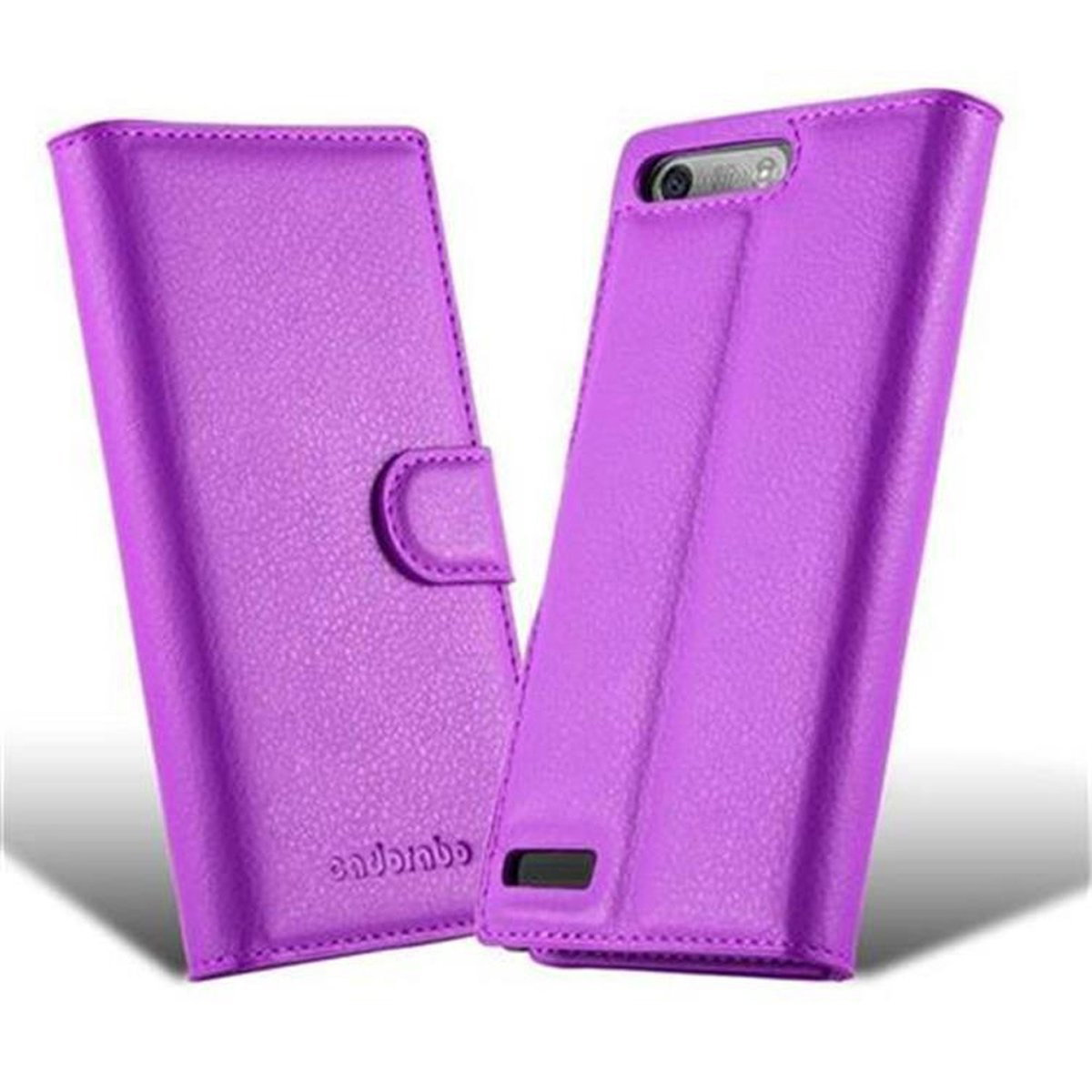 Dos fundas de teléfono de cuero morado, una abierta. Las fundas tienen cierres magnéticos.