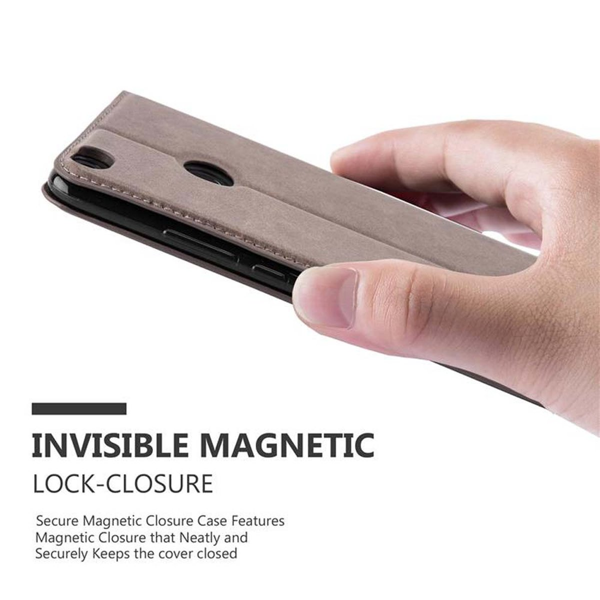 Custodia del telefono chiusa, con un testo che dice Chiusura Magnetica Invisibile.