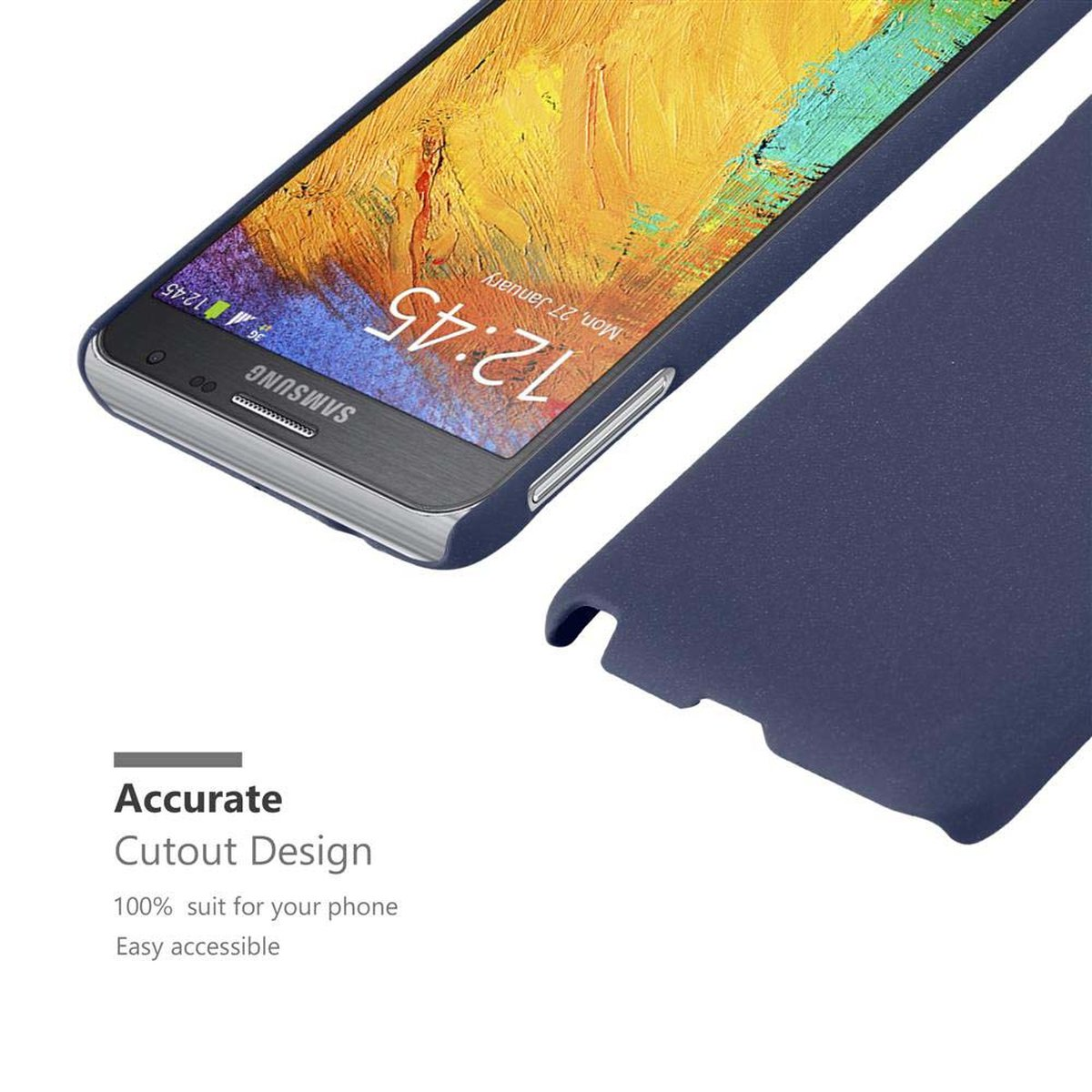 Eine marineblaue Handyhülle mit dem Telefon leicht heraus. Text: 'Accurate Cutout Design'.