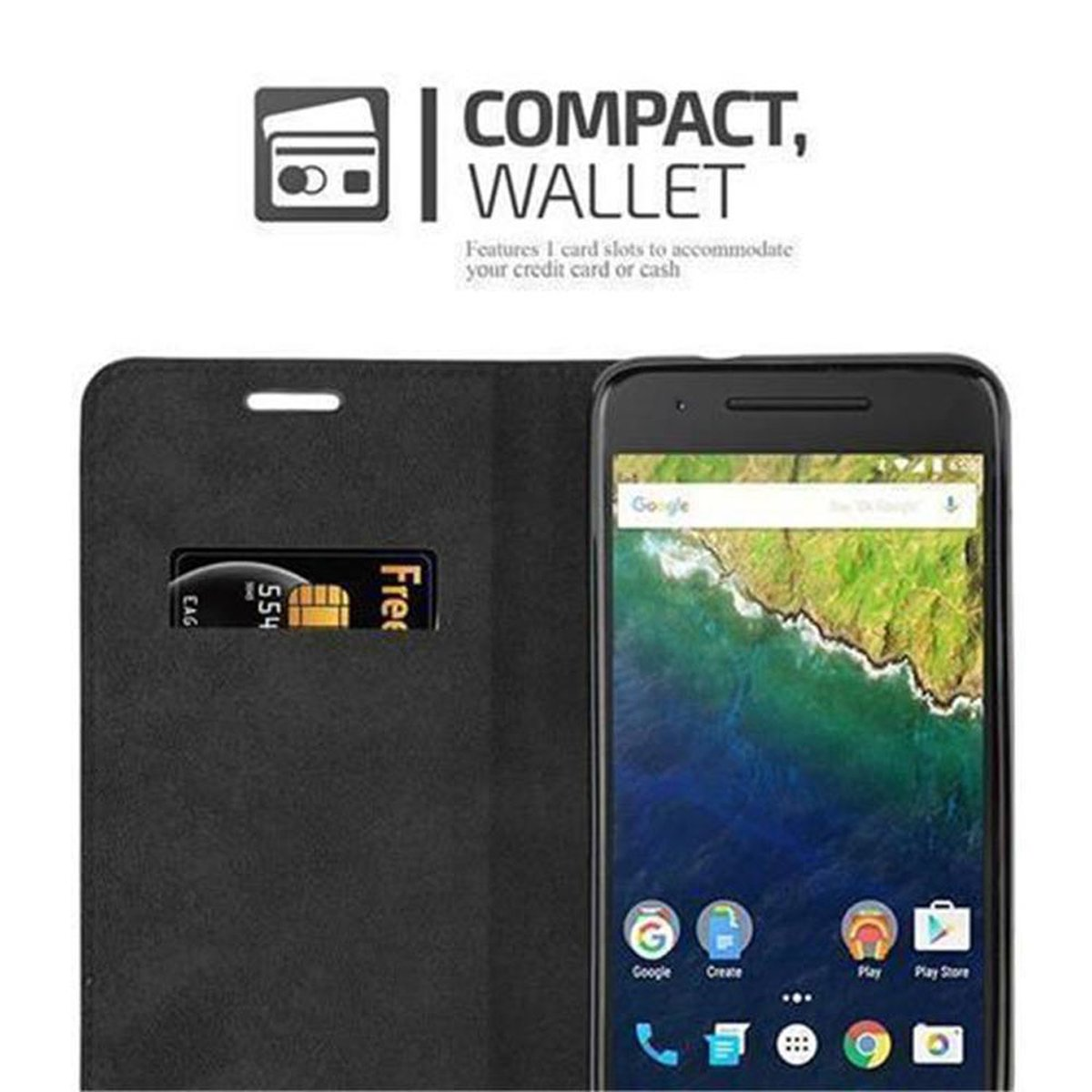 Funda negra abierta, con teléfono y ranura para tarjetas. Texto: Compacto, Cartera. Fondo blanco.