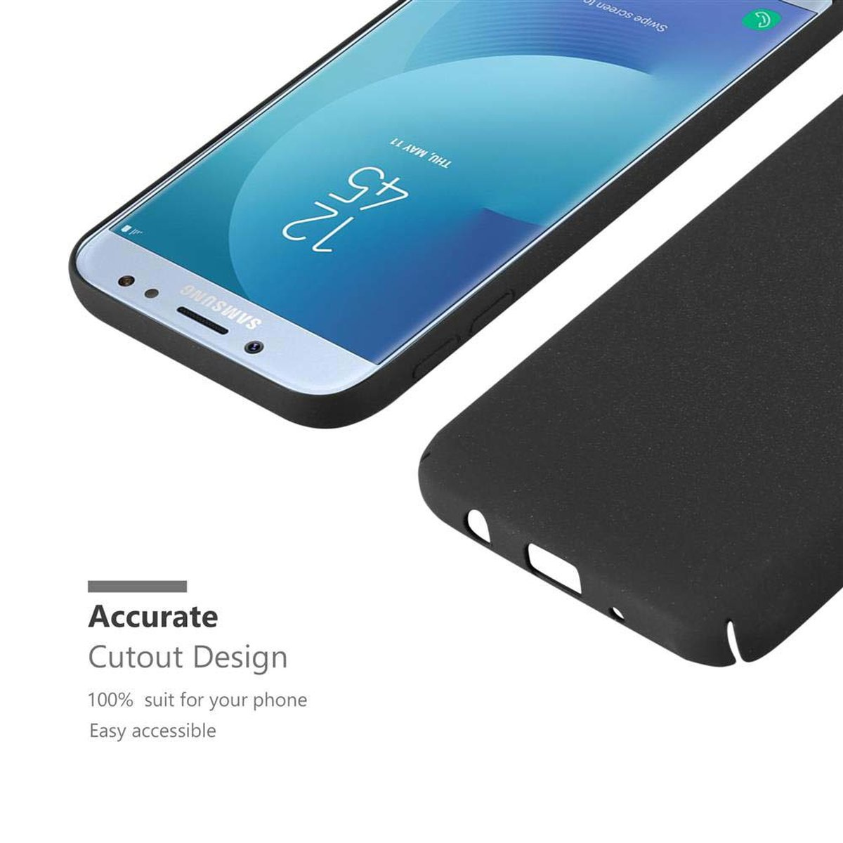 Custodia nera per telefono accanto al telefono. La custodia ha dei ritagli. Il telefono mostra uno schermo. Il testo dice Accurate Cutout Design.