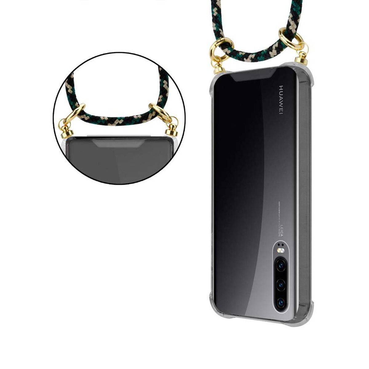 CADORABO Handy Kette mit Gold Band CAMOUFLAGE Ringen, Backcover, und Hülle, Kordel P30, Huawei, abnehmbarer