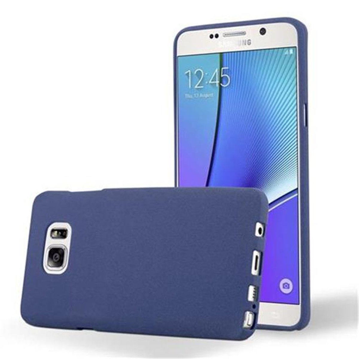 Teléfono azul, funda azul. El teléfono muestra la hora 12:45. La funda está a la izquierda.