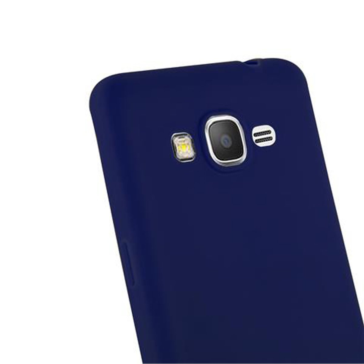 Custodia per telefono blu scuro. La custodia ha un ritaglio per fotocamera e flash. Il telefono è blu scuro.