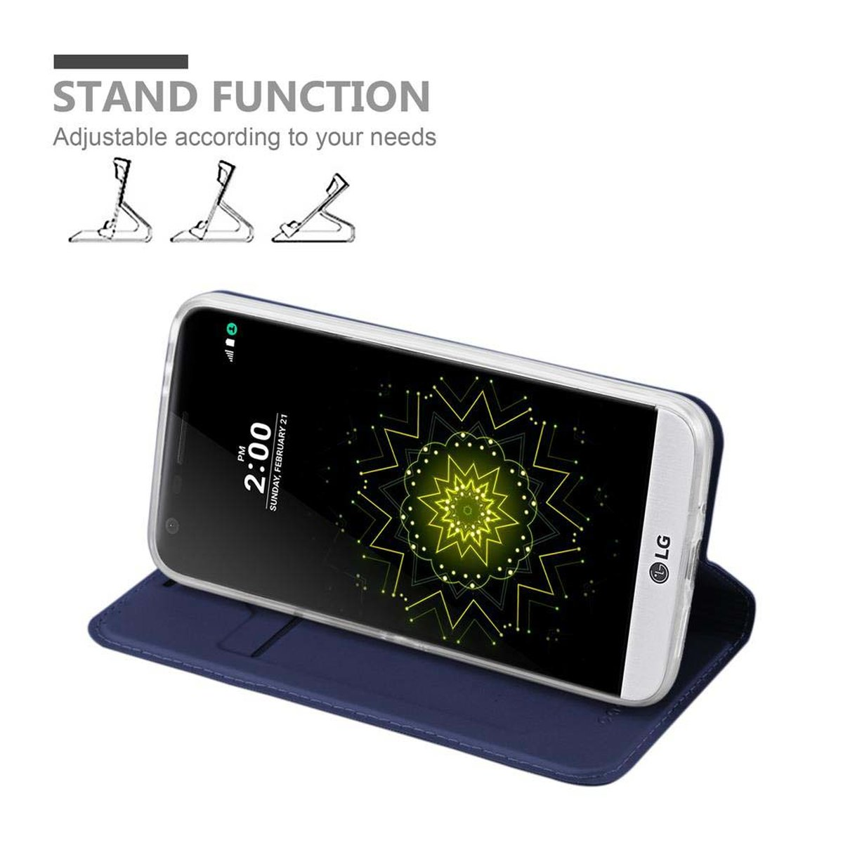 Un telefono in una custodia blu, puntellato. Il testo della funzione stand è visibile.