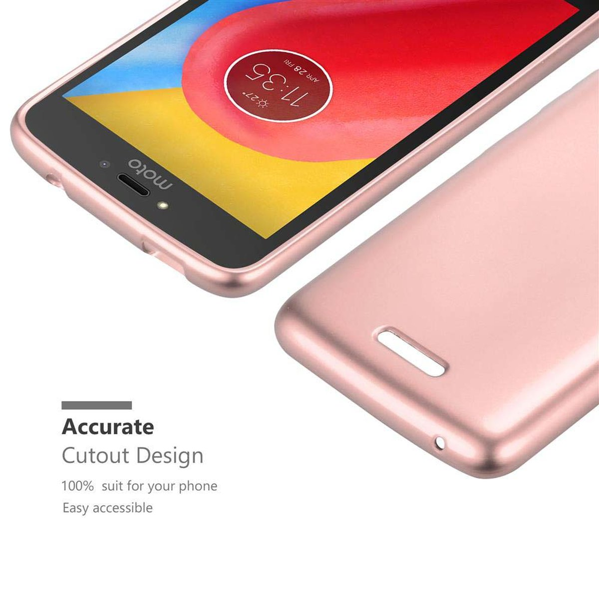 Custodia oro rosa su un telefono. Il telefono mostra l'ora 11:35. Testo: Accurate Cutout Design.