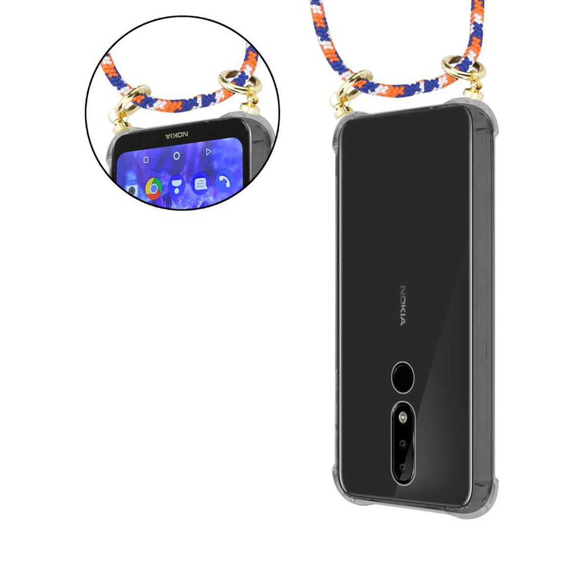 CADORABO Handy Kette mit Hülle, ORANGE Ringen, und PLUS Band BLAU 5.1 Nokia, abnehmbarer Kordel / Gold X5, Backcover, WEIß