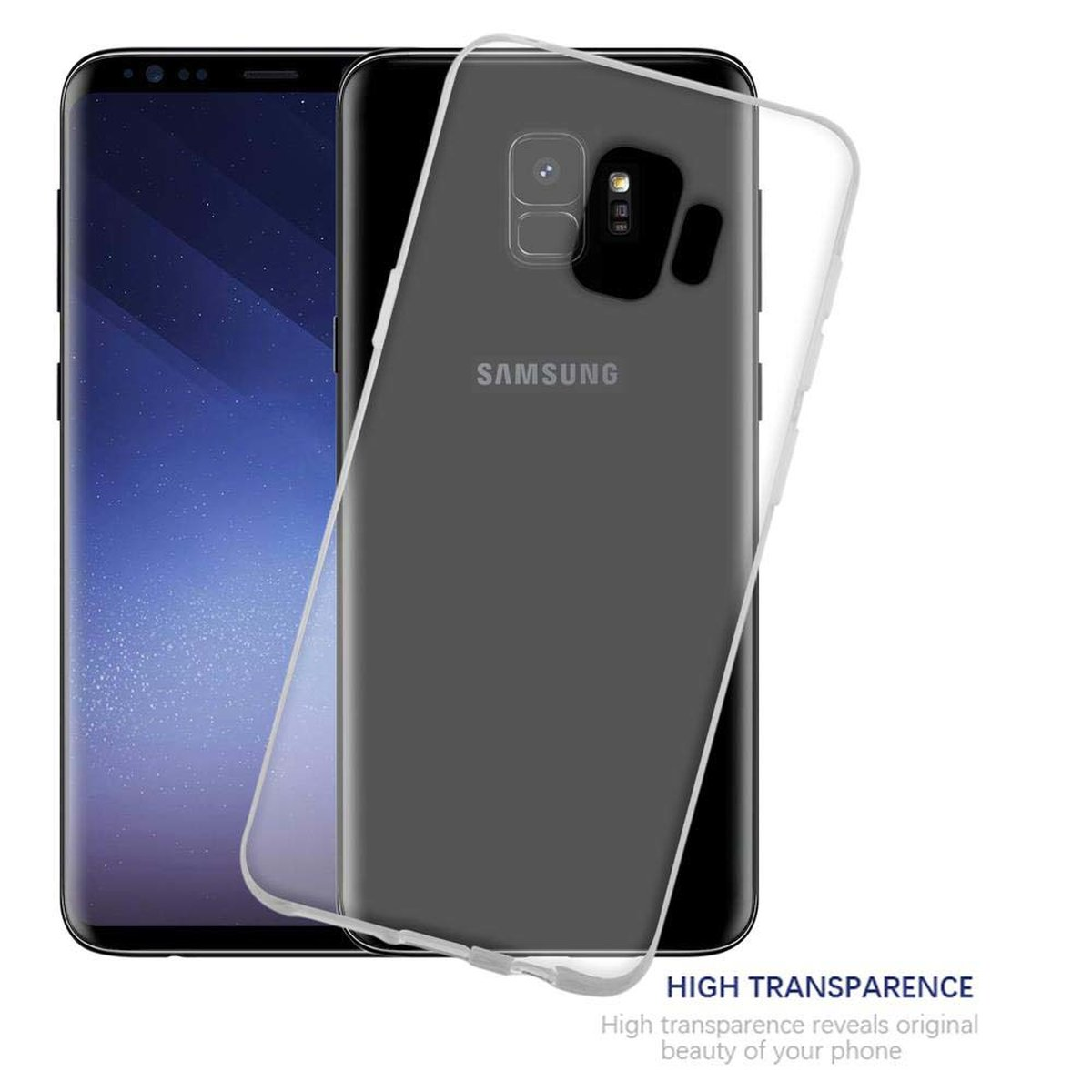 Ein Telefon in einer transparenten Hülle, mit einem schwarzen Telefon daneben. Text über Transparenz.