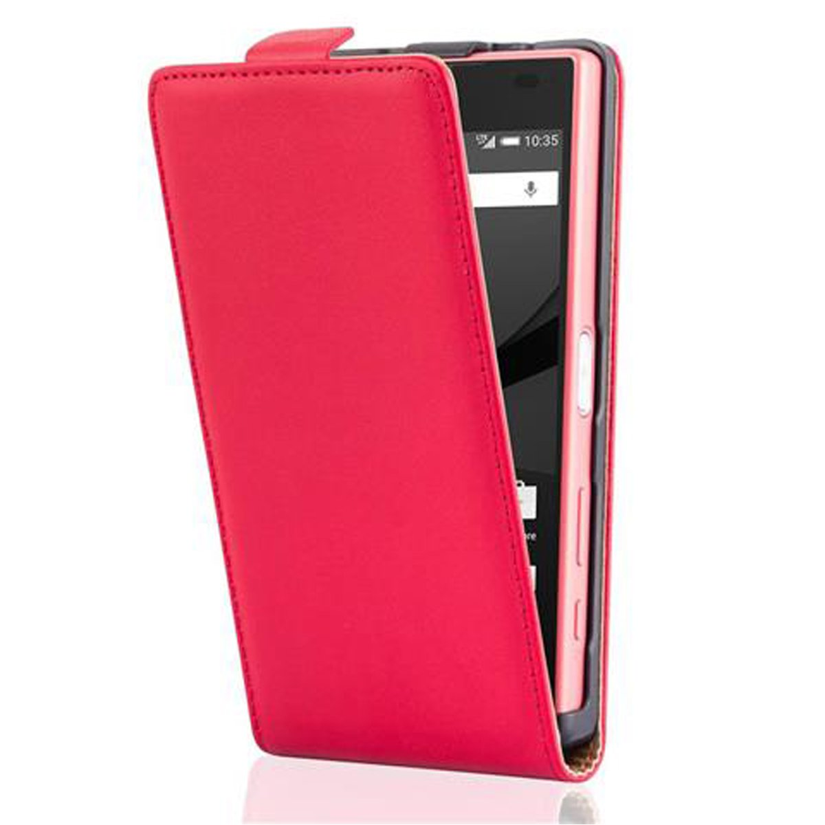 Custodia per telefono rossa, aperta per rivelare il telefono. Lo schermo del telefono è acceso, mostrando l'ora.