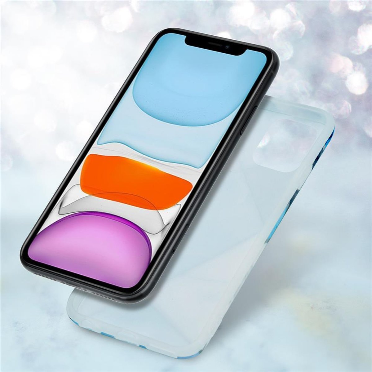 Iphone con custodia. Lo sfondo è sfocato con luci blu e bianche.
