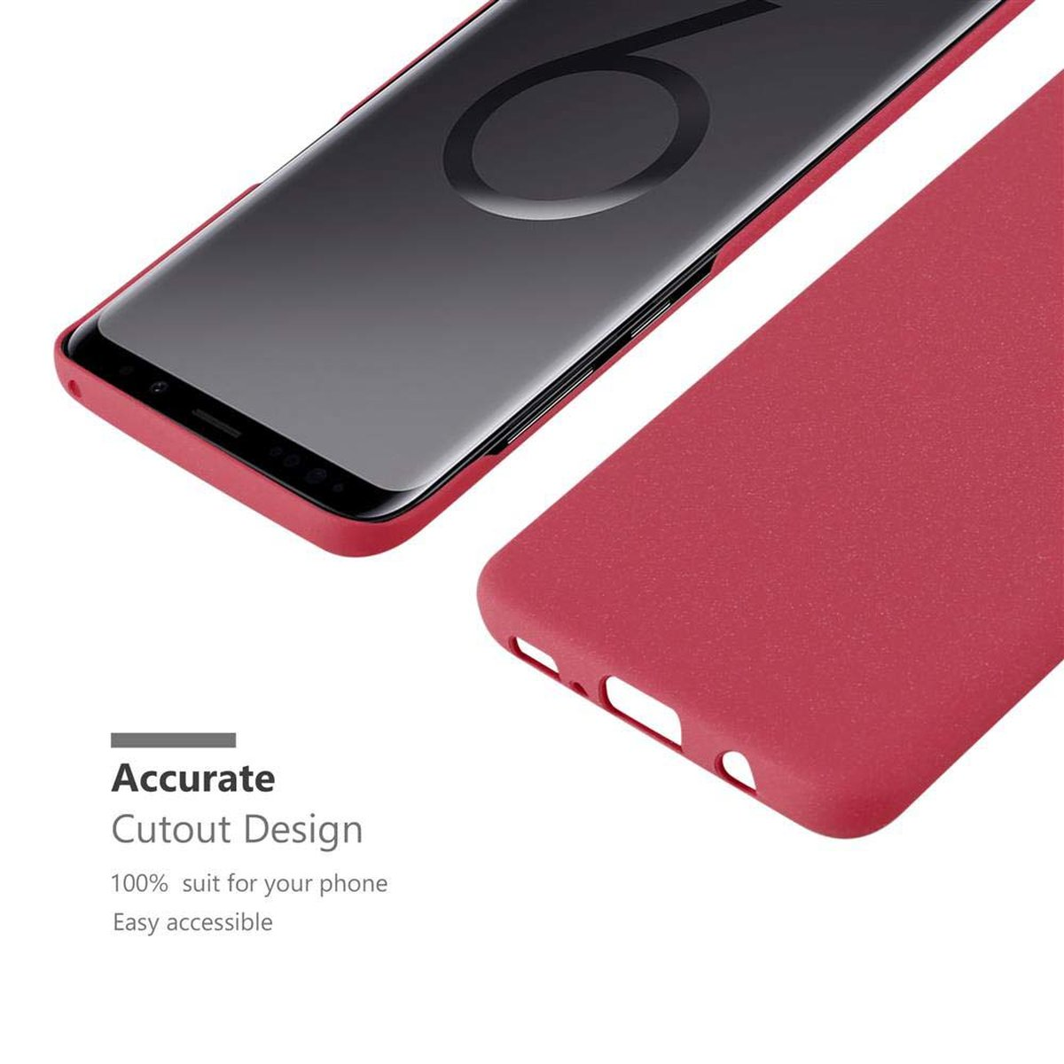 Telefon in roter Hülle. Text: 'Accurate Cutout Design'.