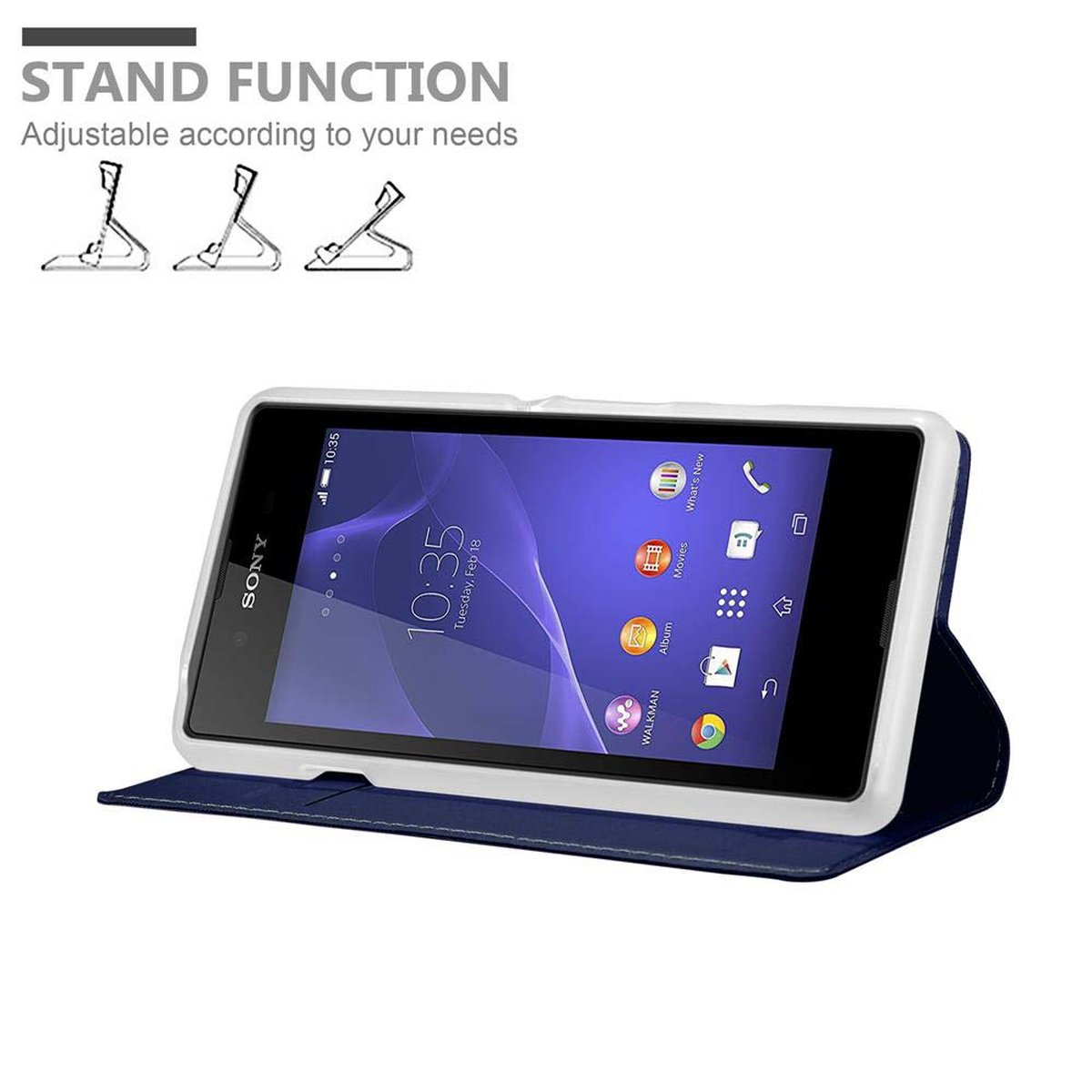 Tablet in una custodia blu. Lo schermo mostra l'ora e alcune icone delle app. La custodia può essere usata come supporto.