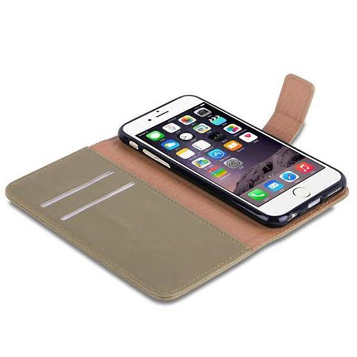 Custodia per telefono aperta con un telefono all'interno. Il telefono ha molte app. La custodia è beige e marrone chiaro.