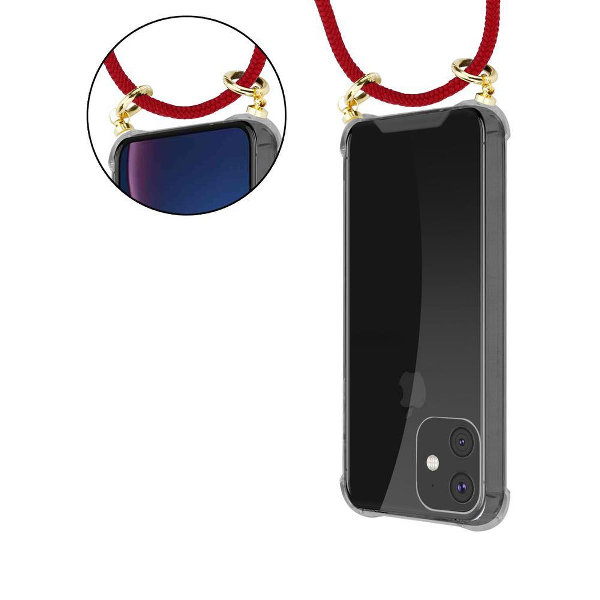 Un telefono in una custodia trasparente con un cordino rosso. Lo schermo è nero. La custodia ha un bordo trasparente.