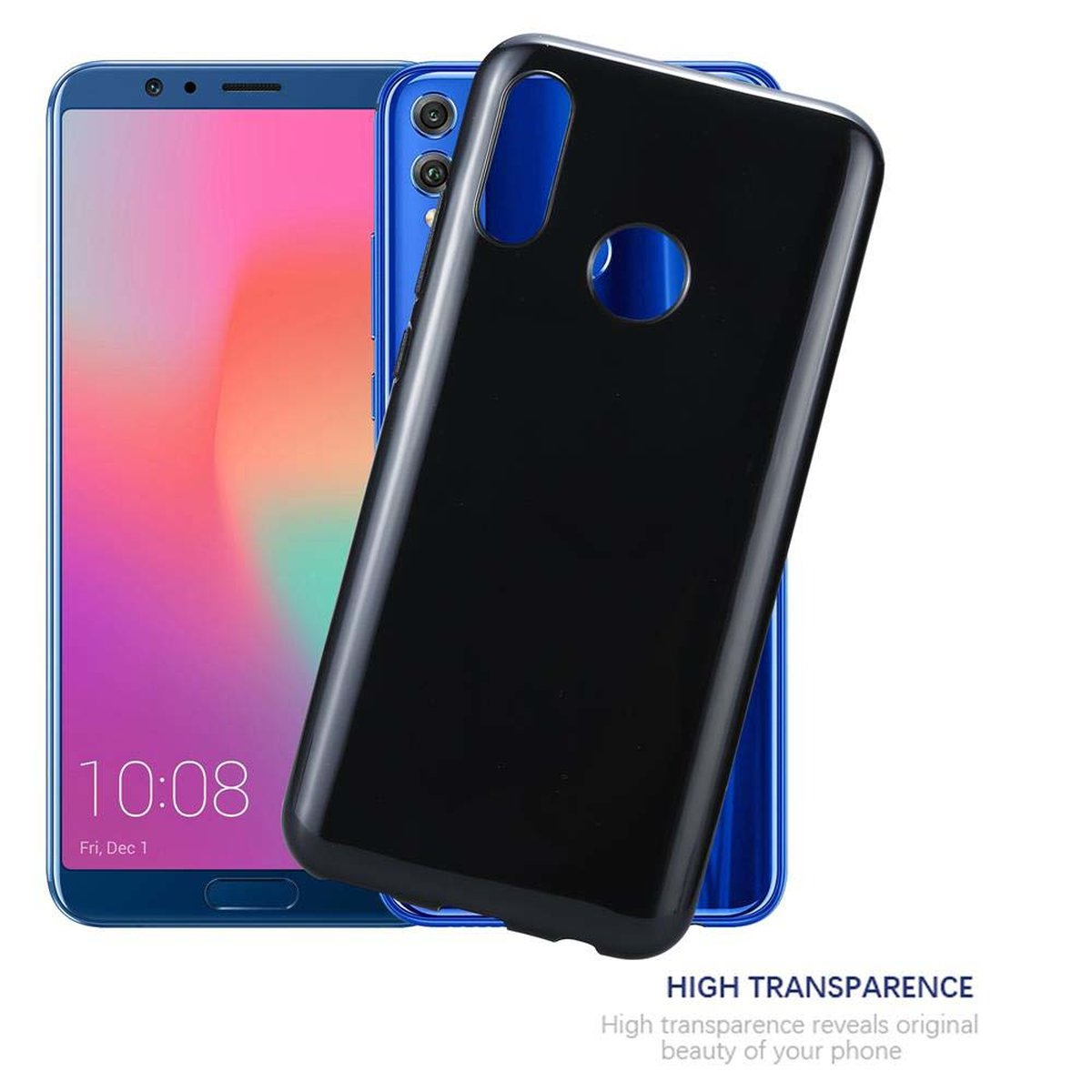 Schwarze Handyhülle über einem blauen Telefon mit rosa und lila Hintergrund. Die Funktionen des Telefons sind sichtbar.