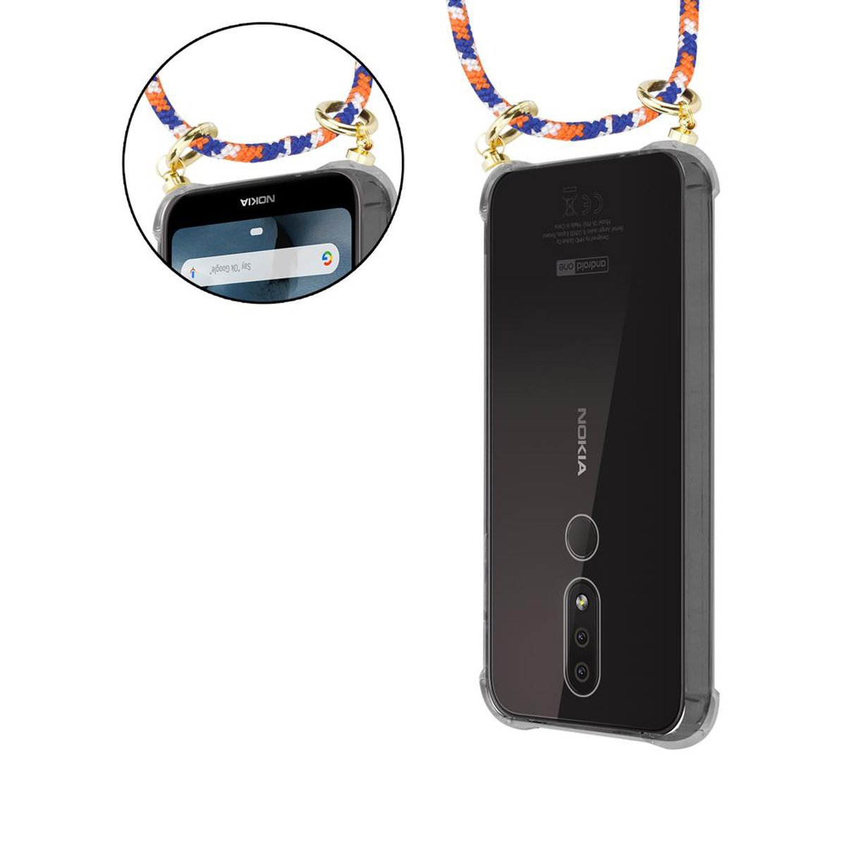 CADORABO Handy Nokia, Hülle, BLAU Ringen, und Backcover, Band Kette mit 4.2, Kordel Gold abnehmbarer WEIß ORANGE