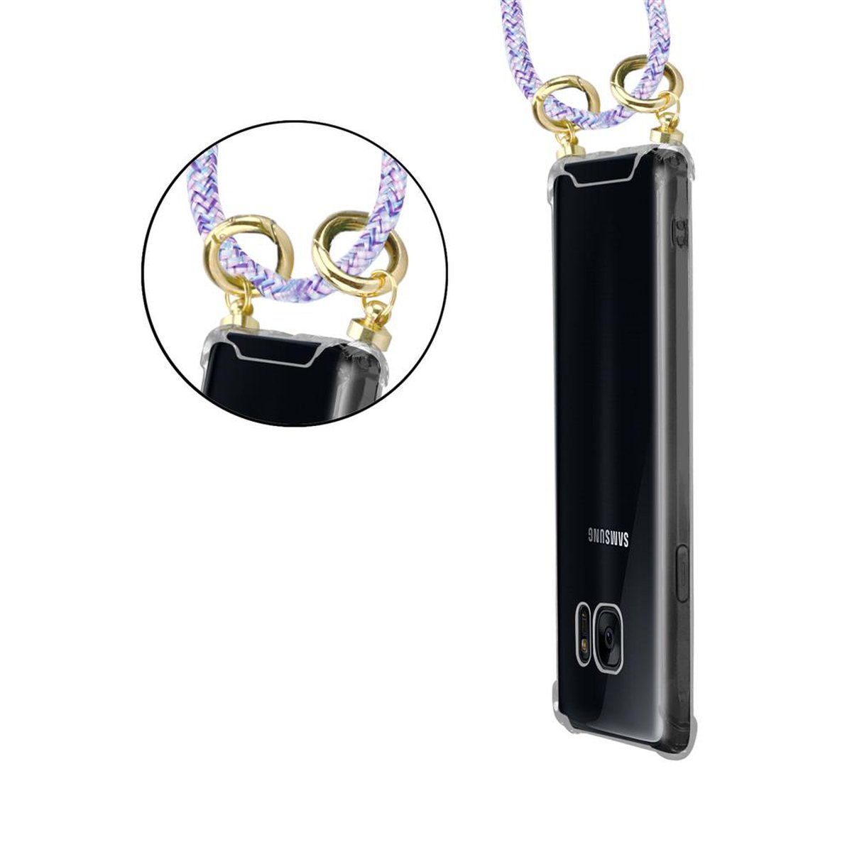 Un telefono con una custodia trasparente e un cordino con dettagli viola e bianchi, su sfondo bianco.