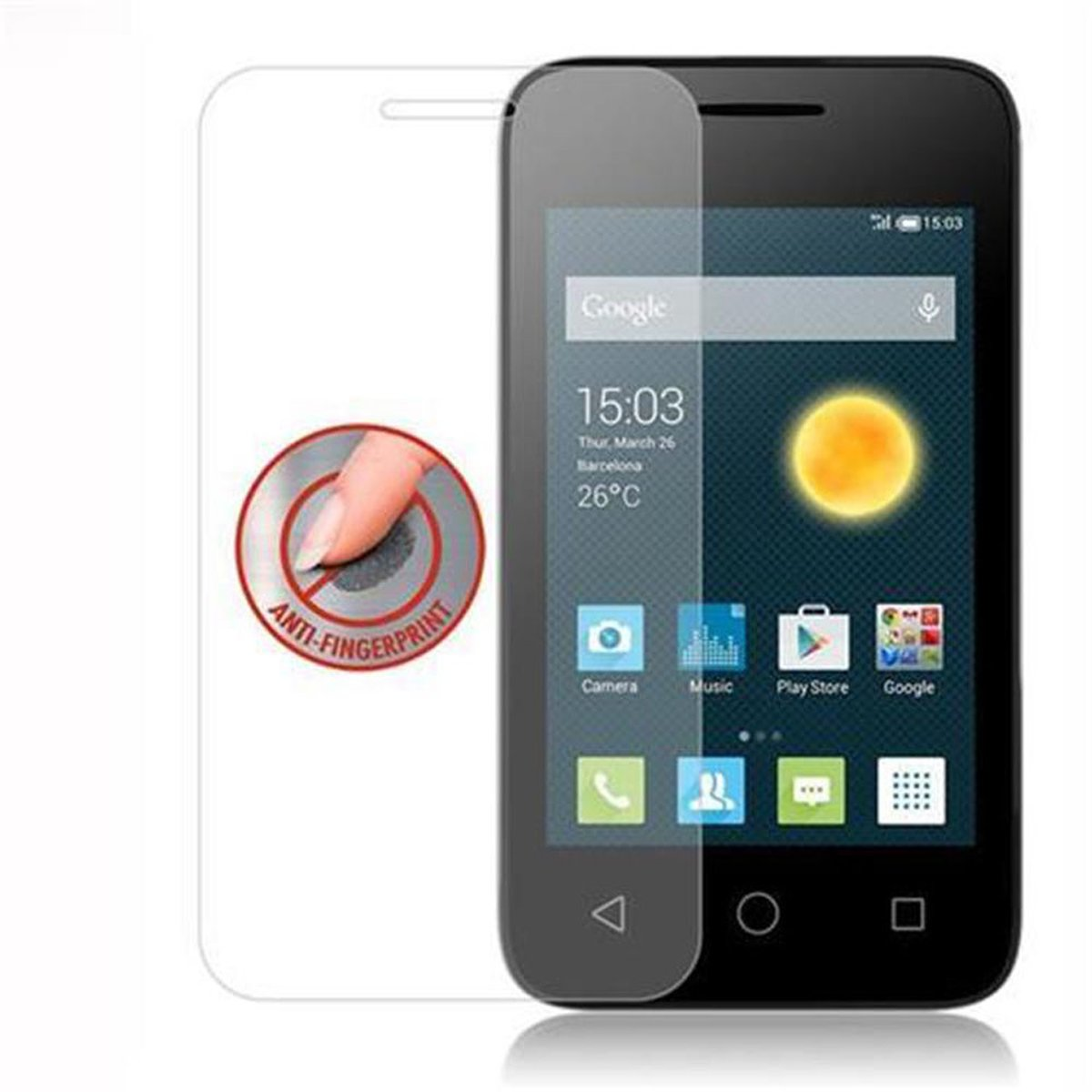 Smartphone con protector de pantalla, mostrando hora, fecha e iconos. Símbolo de huella dactilar en el protector.