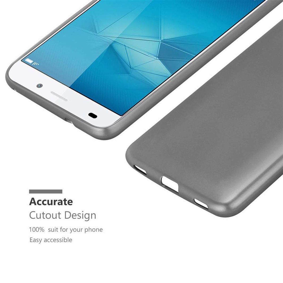 Uno smartphone bianco con custodia grigia e custodia grigia. Il testo sottostante dice "Accurate Cutout Design".
