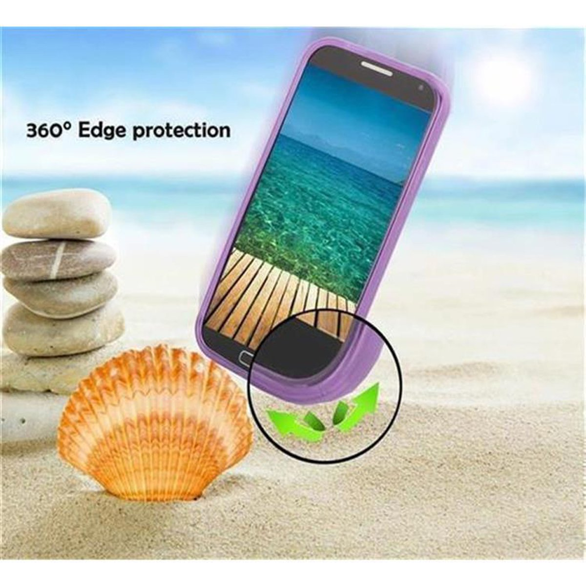 Custodia per telefono, scena sulla spiaggia sullo schermo. Conchiglia, sabbia e rocce impilate in primo piano.