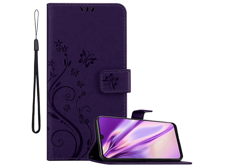 Muster Bookcover, / A30s, Hülle CADORABO A50s Blumen DUNKEL Case, LILA Samsung, / 4G Flower Galaxy FLORAL A50