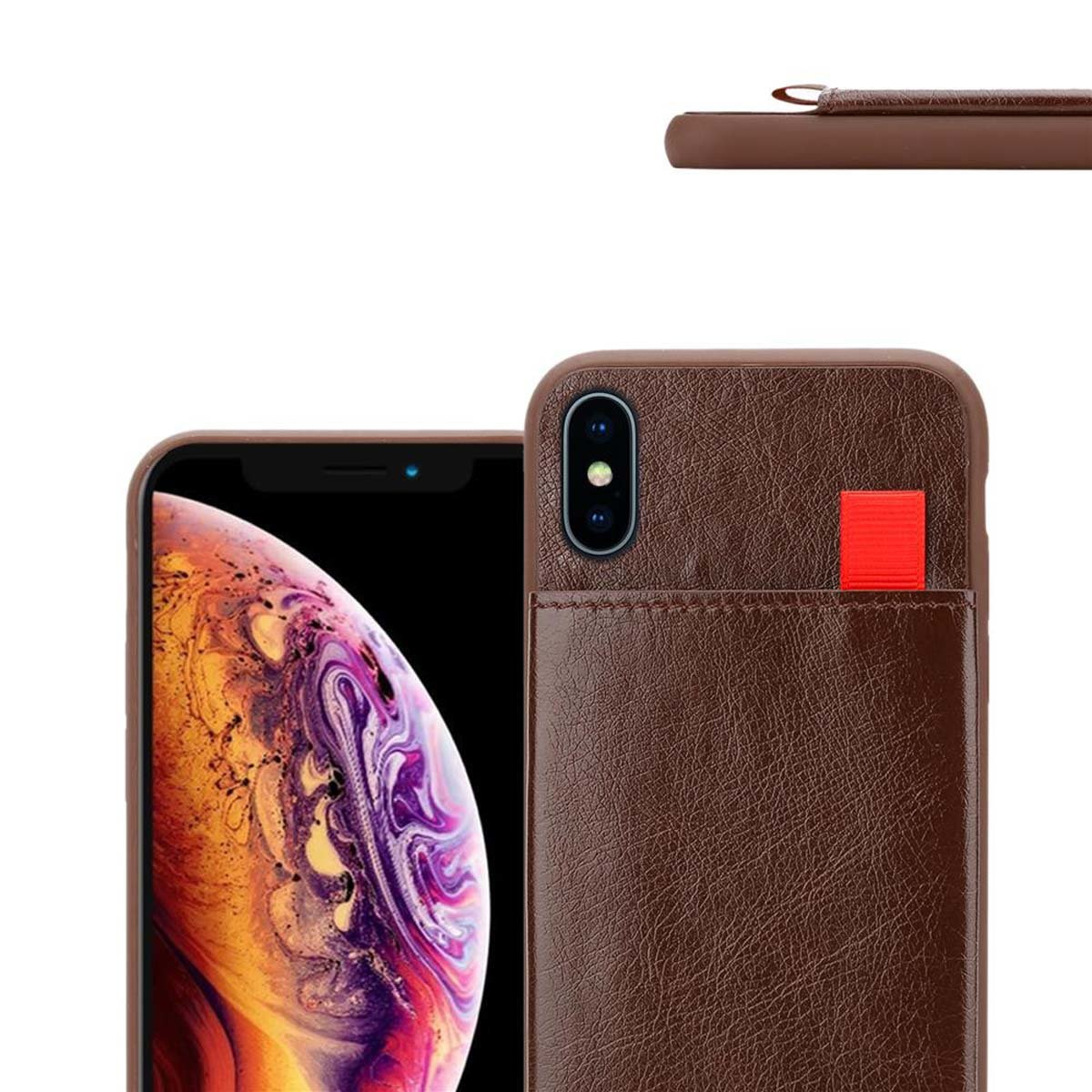 Una custodia marrone per telefono con un cinturino rosso. Il telefono ha una fotocamera e una cover marrone.