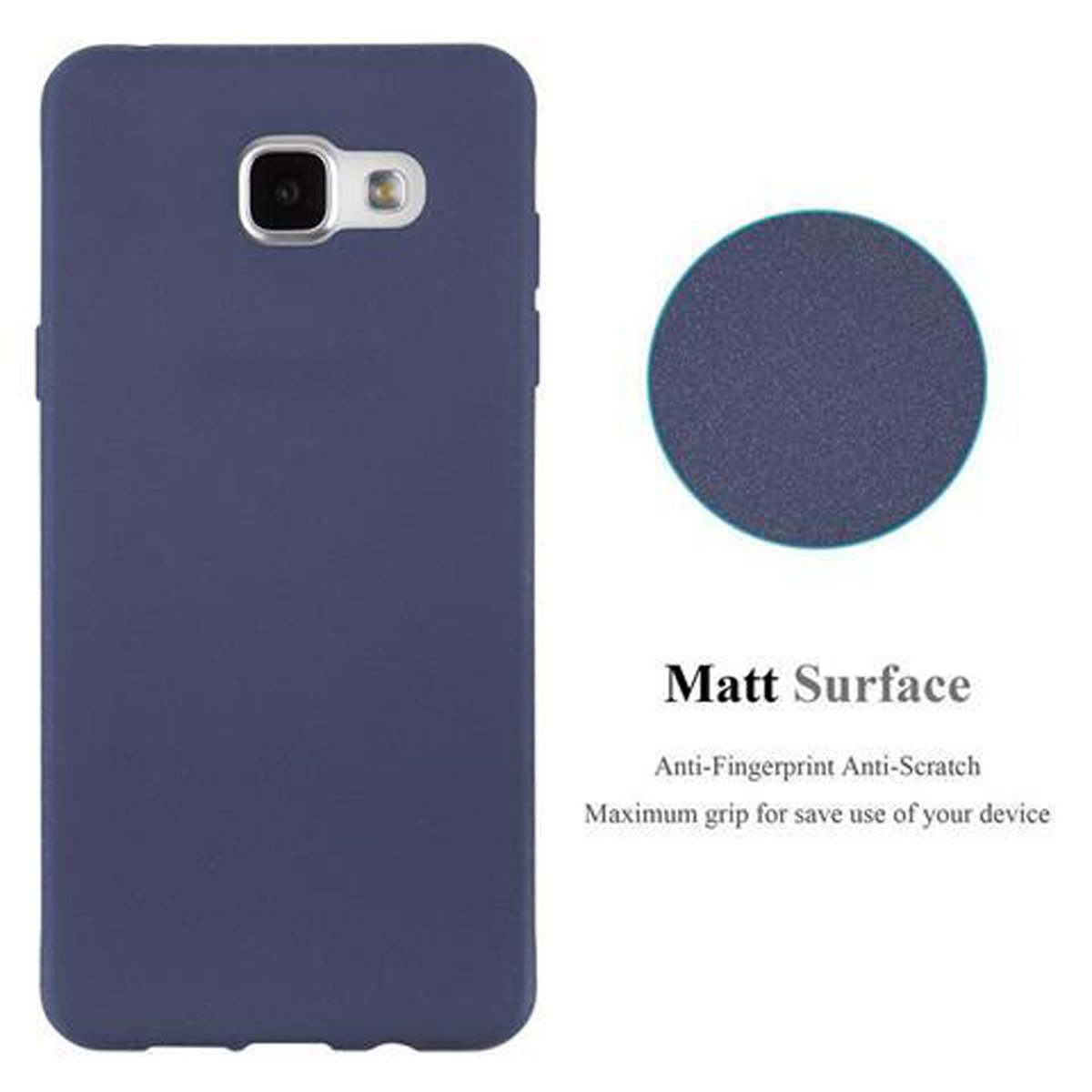 Funda azul para teléfono. Texto: 'Matt Surface'.