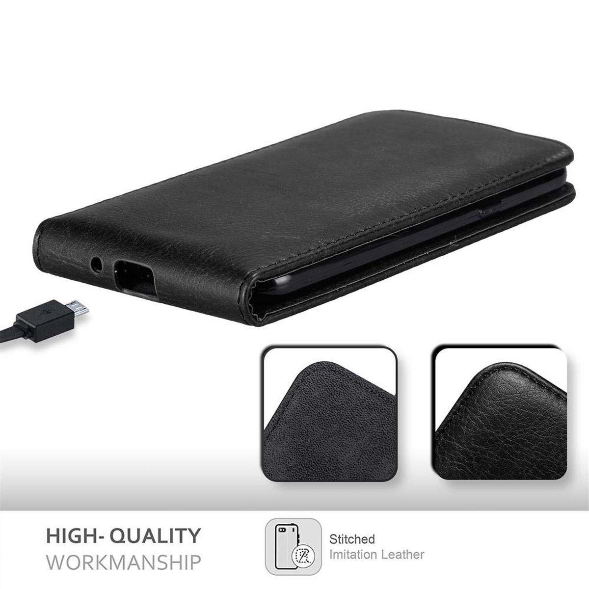 Custodia per telefono in pelle nera. Un cavo USB è presente. Immagini mostrano cuciture e bordi.