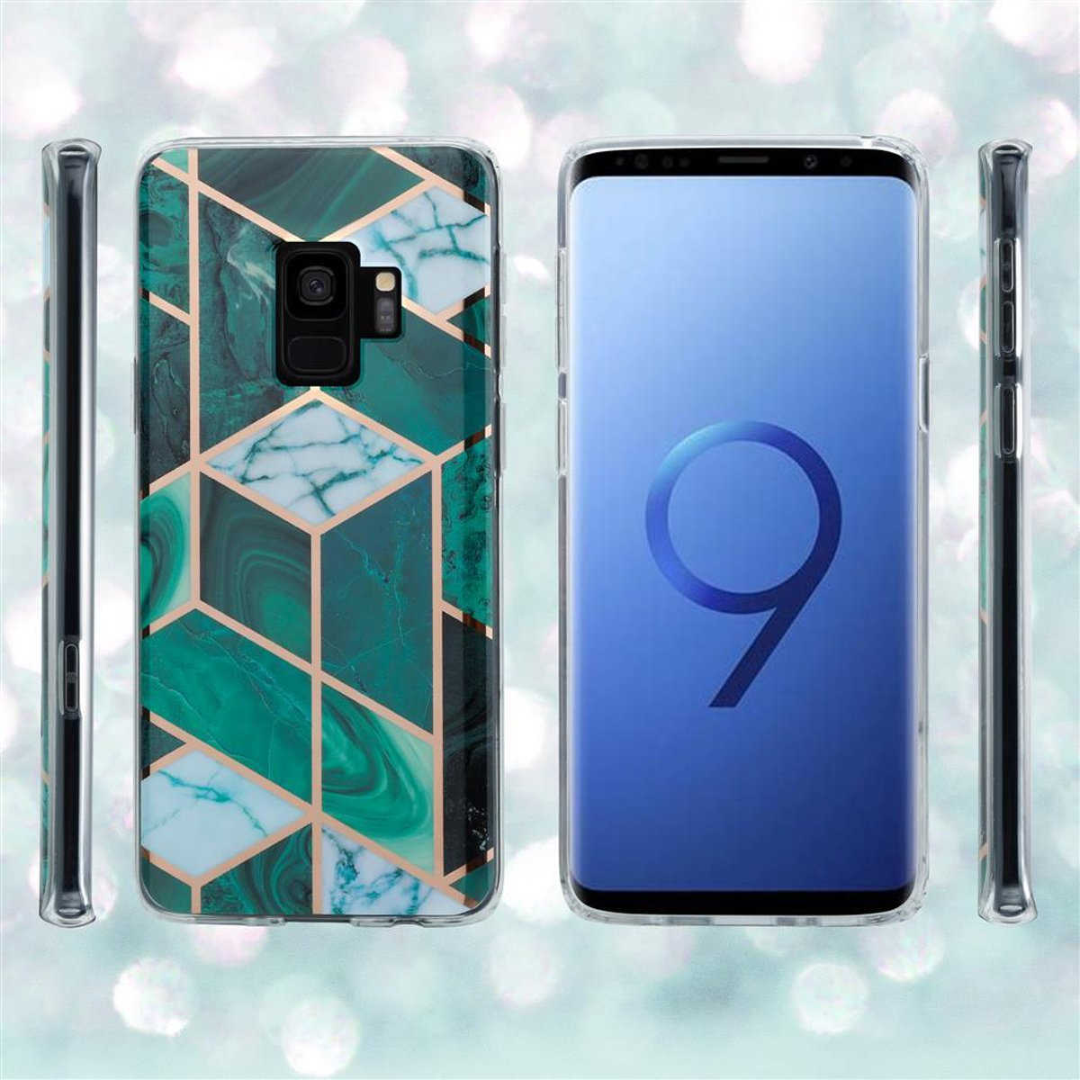 Due smartphone, uno con custodia geometrica verde, l'altro con schermo blu, su sfondo bokeh.