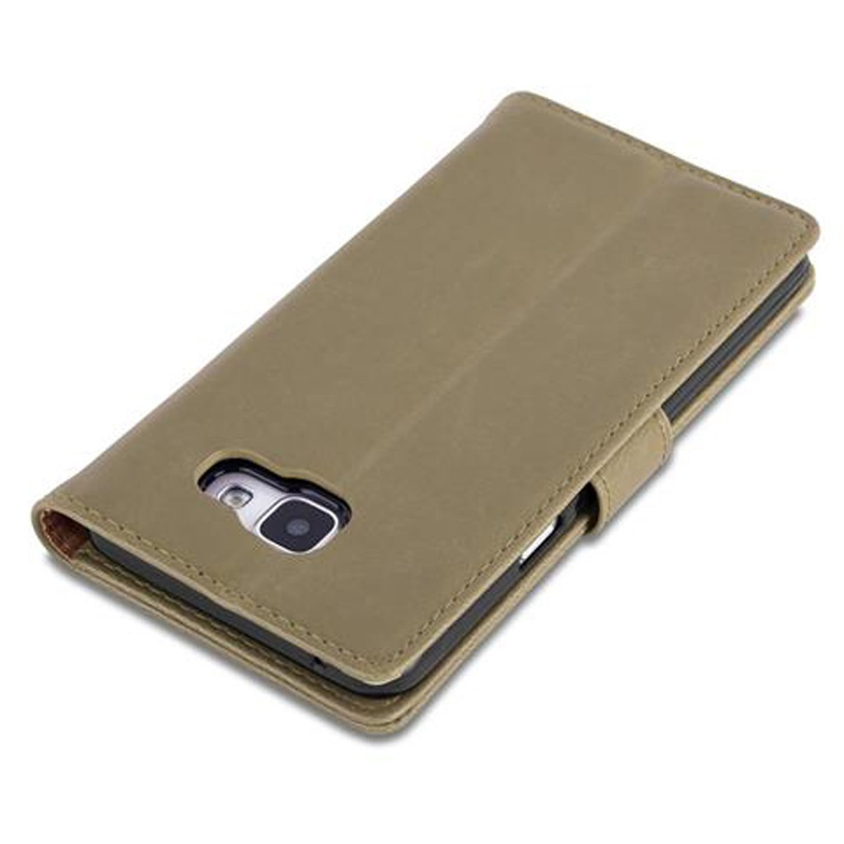 Funda de teléfono, cuero marrón, recorte de cámara, sobre fondo blanco.