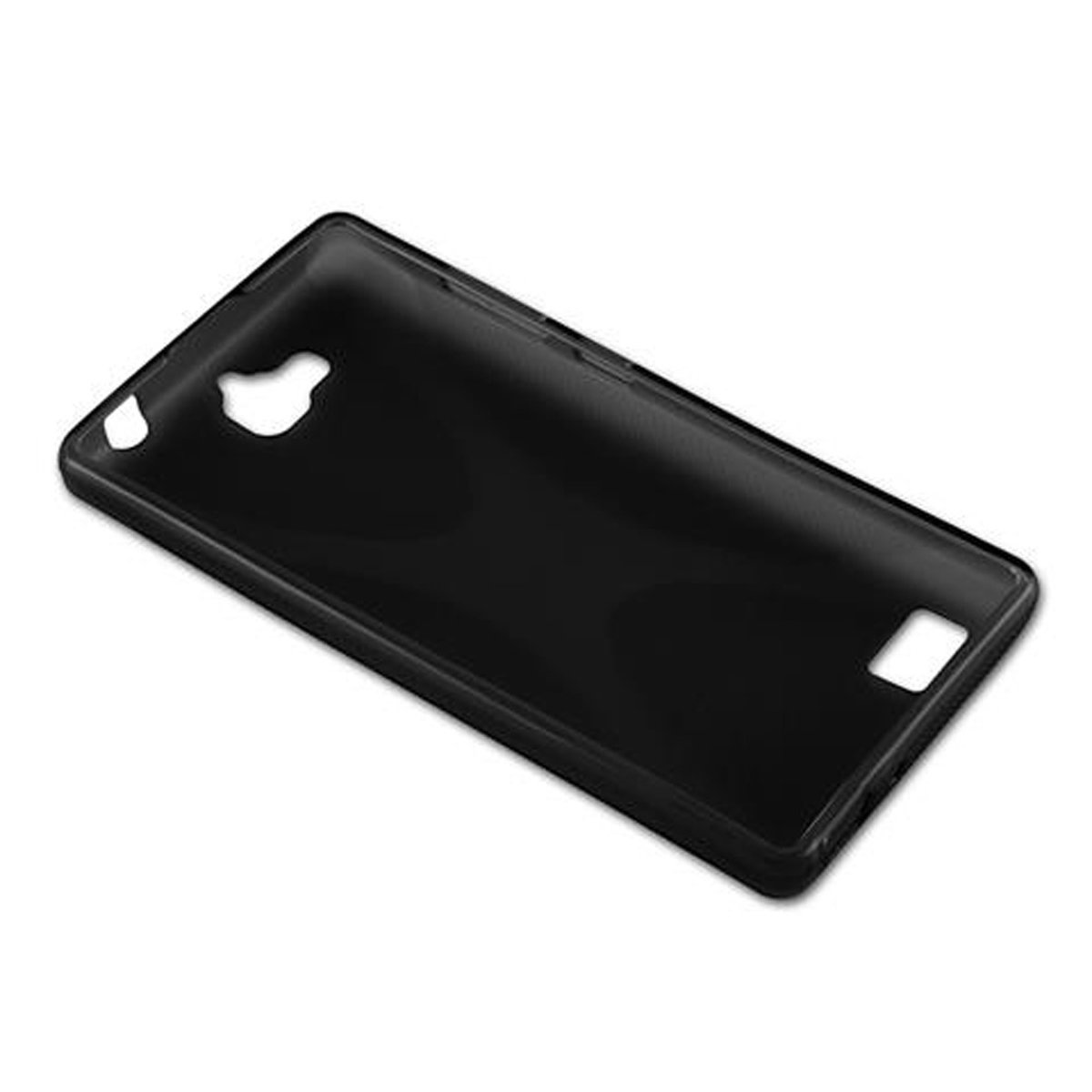 Funda negra para teléfono, con recortes para cámara y otros puertos.