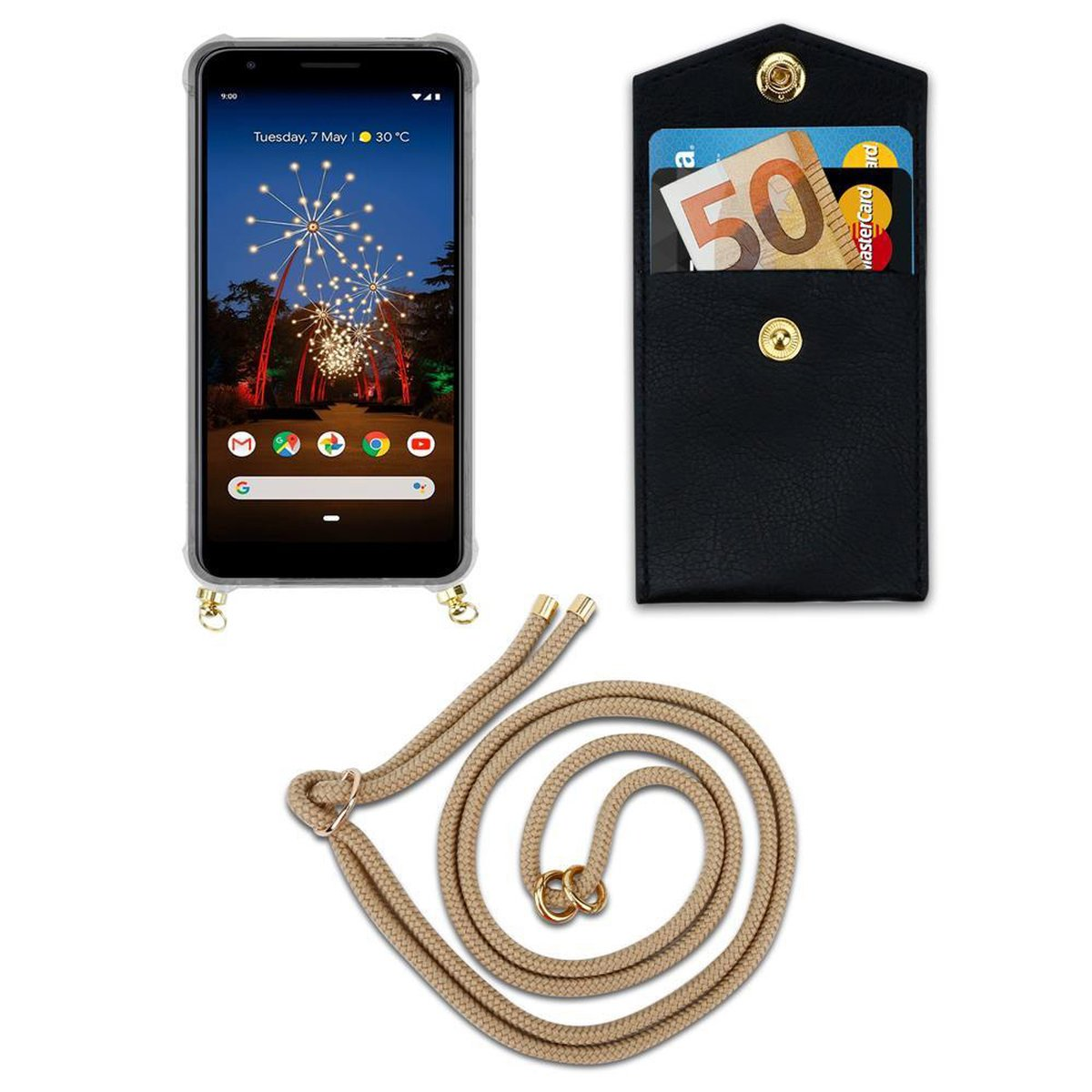 CADORABO Handy Kette mit Google, und abnehmbarer Ringen, Band Kordel PIXEL BRAUN 3A Hülle, XL, Backcover, Gold GLÄNZEND