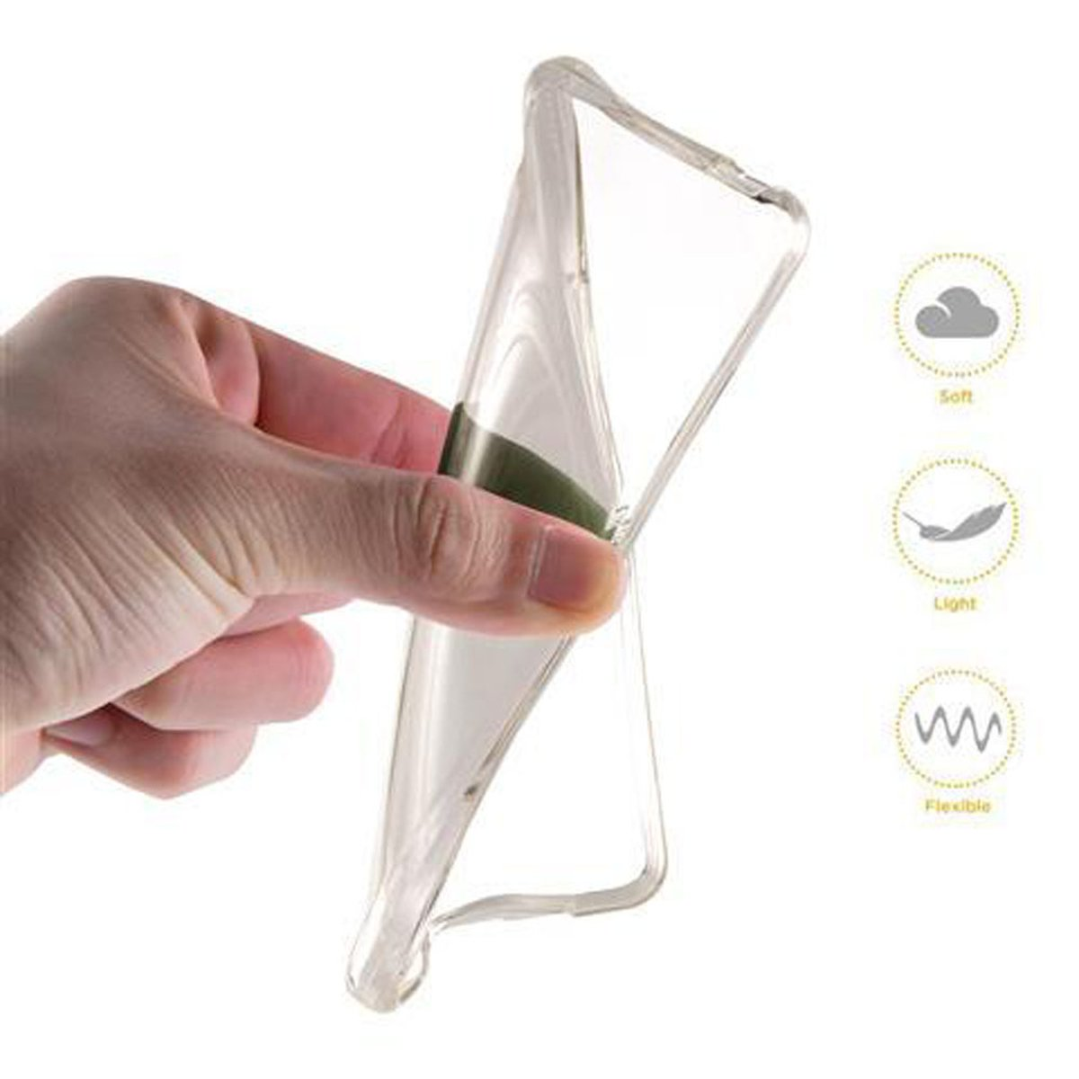 Transparente Handyhülle wird hochgehalten. Sie erscheint transparent und flexibel.