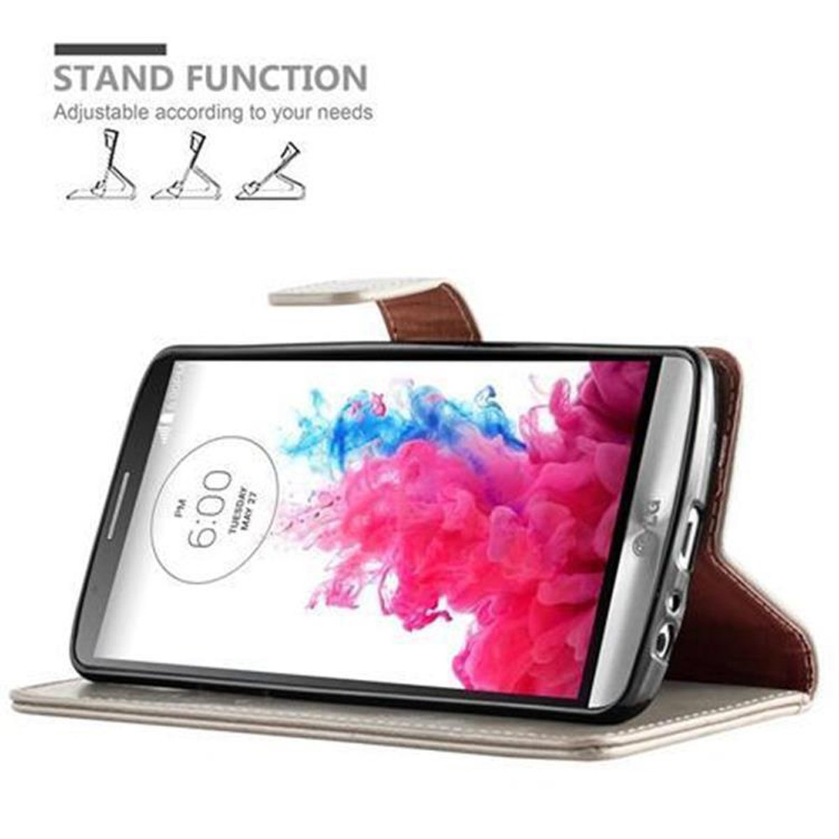 Telefono in custodia con funzione stand, mostra lo schermo con un'immagine colorata.