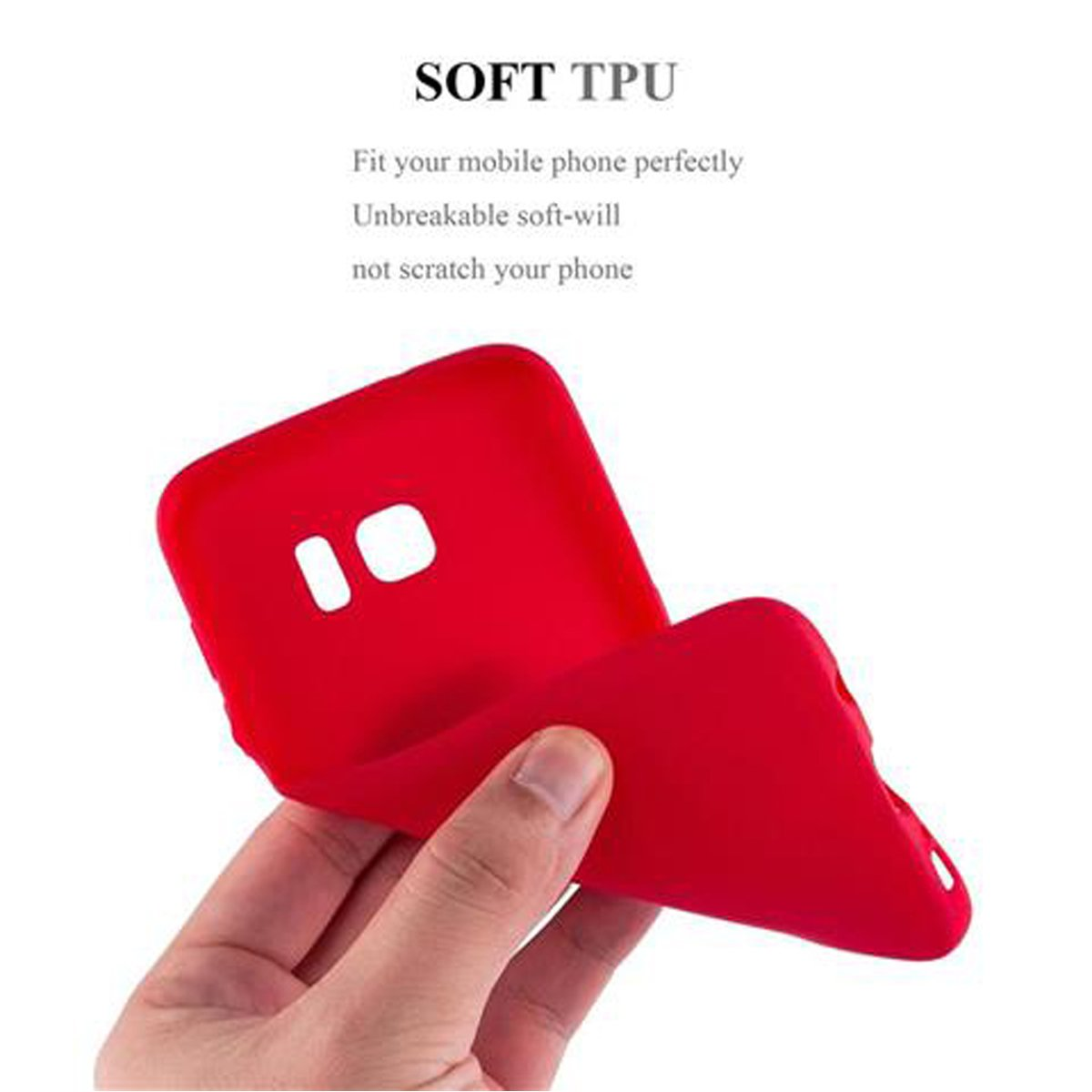 Custodia per telefono rossa tenuta da una mano. Sfondo bianco. Focus sulla custodia.