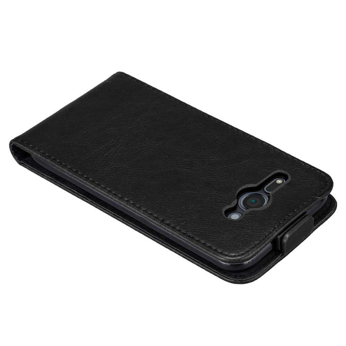 Custodia per telefono nera stile portafoglio con un telefono all'interno. Il telefono è visibile.