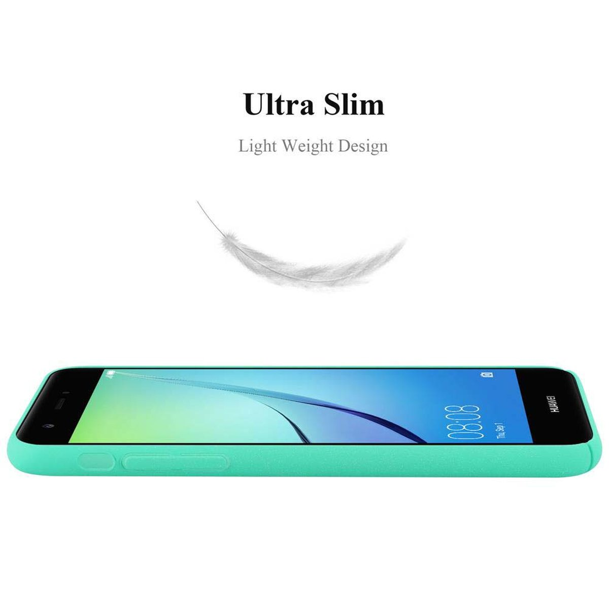 Custodia per telefono verde menta. Il telefono mostra uno schermo con sfondo blu.