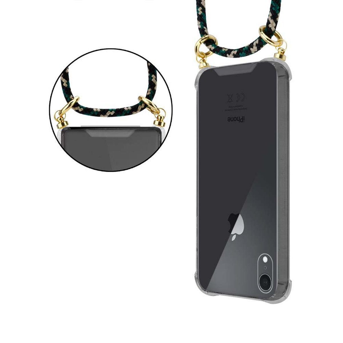 CADORABO Handy und mit Kette Band Hülle, Backcover, Gold Apple, Kordel Ringen, CAMOUFLAGE abnehmbarer iPhone XR