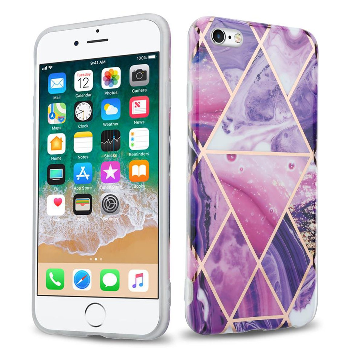 iPhone mit Hülle. Die Hülle hat ein lila, rosa und gold geometrisches Design. Der Bildschirm zeigt App-Symbole.