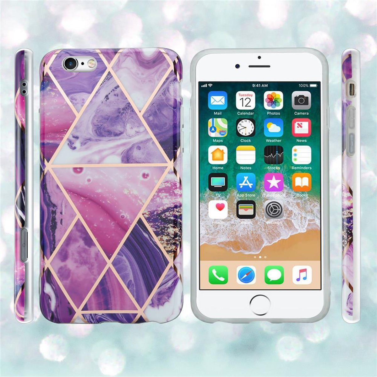 Smartphone mit gemusterter Hülle. Mehrere Ansichten des Telefons und der Hülle. Rosa und lila Design.