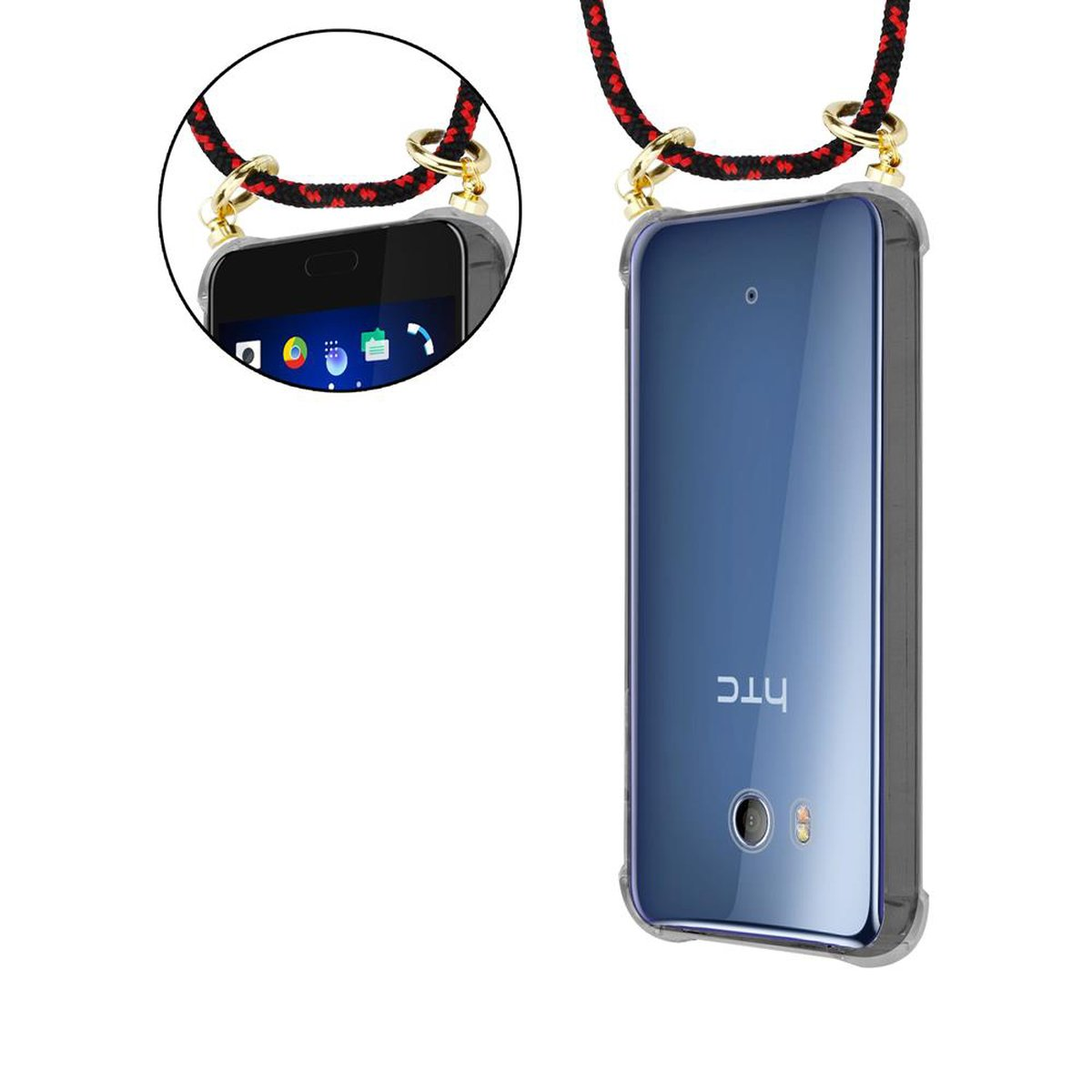 Zwei Telefone mit transparenten Hüllen und Schlüsselbändern. Rot-schwarze geflochtene Kordeln. Weißer Hintergrund.