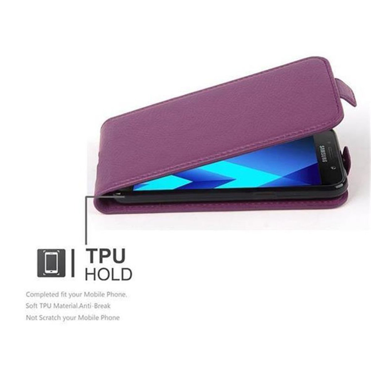 Custodia per telefono viola aperta per rivelare un telefono con schermo blu, con testo sul materiale TPU.
