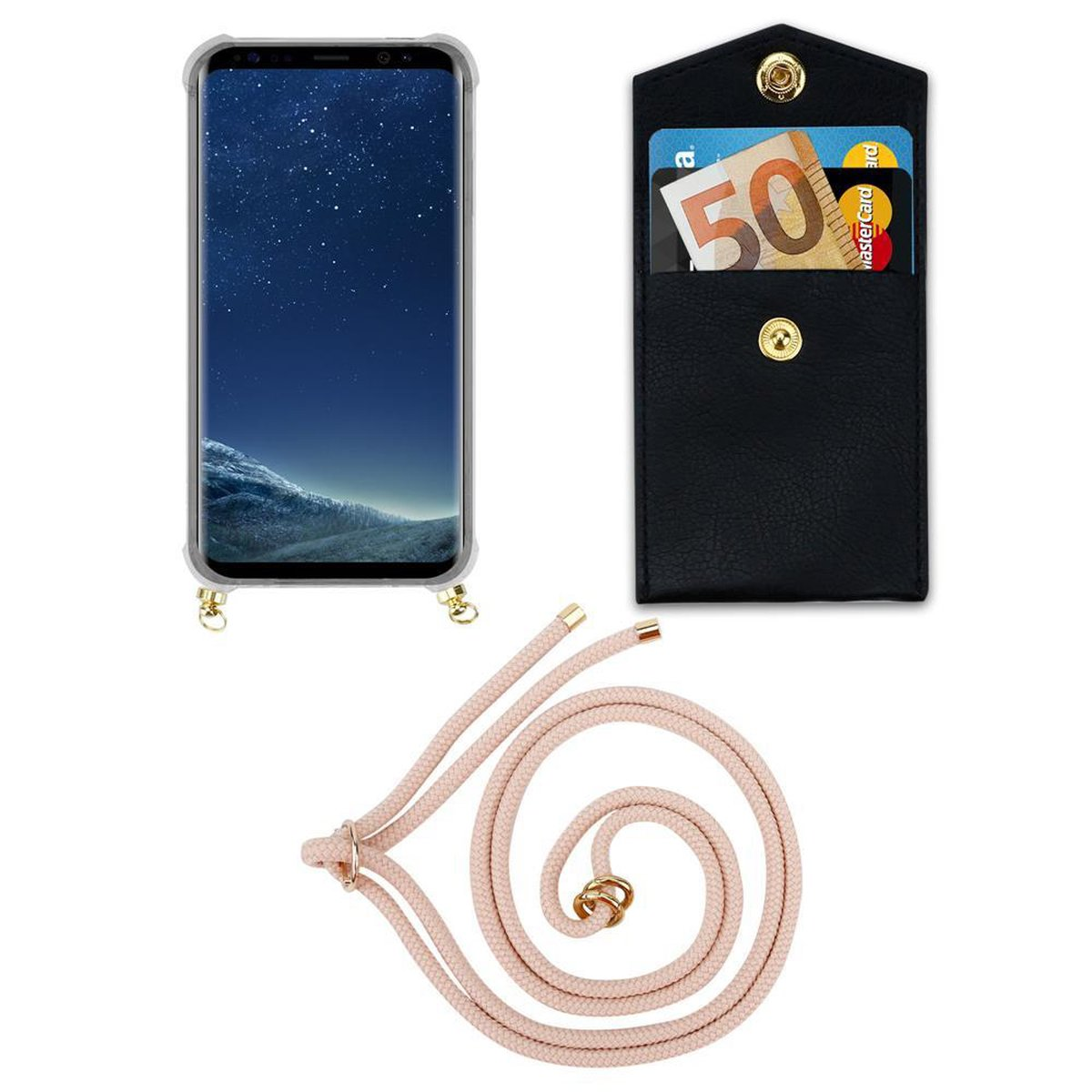PERLIG Gold Kordel Handy mit PLUS, CADORABO Backcover, abnehmbarer S8 Band Ringen, Hülle, Galaxy Samsung, und Kette ROSÉGOLD