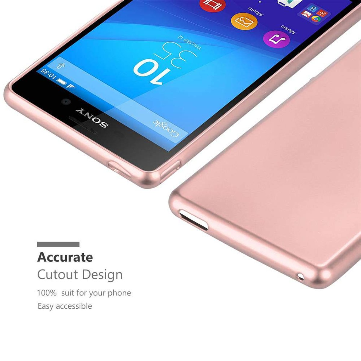 Telefono rosa con custodia oro rosa. Testo: 'Accurate Cutout Design' e 'Easy accessible'.