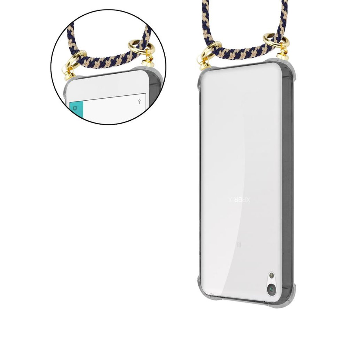 Zwei Telefone in transparenten Hüllen mit Lanyards. Das Telefon links zeigt einen Bildschirm. Rückseite des rechten Telefons sichtbar.