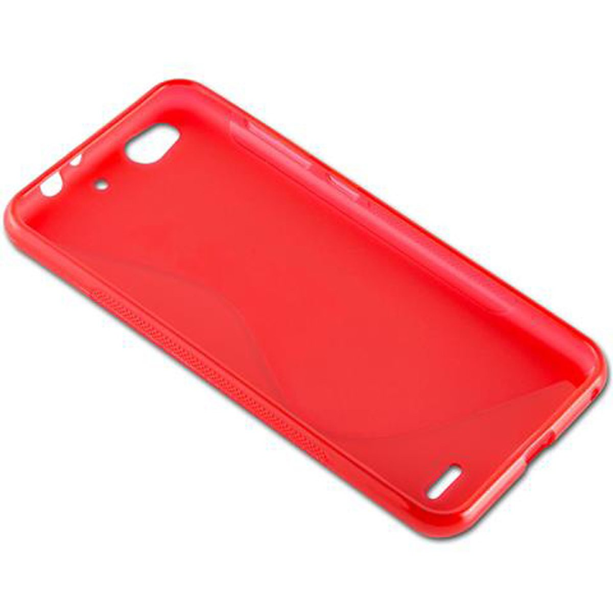 Custodia per telefono rossa. Ha un design curvo con un piccolo foro per fotocamera e flash.